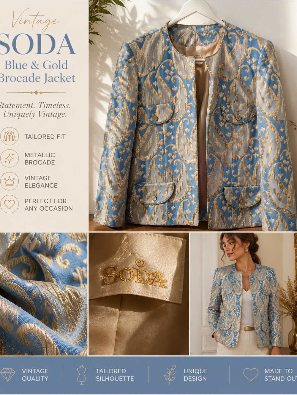 Vintage Blue and Gold Metallic Brocade Evening Jacket Sz.6